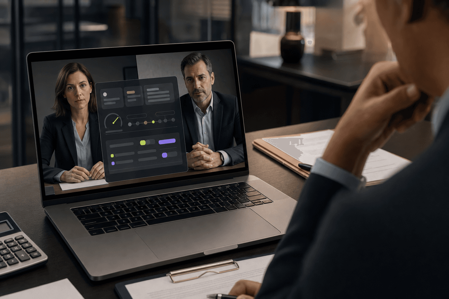 A negotiation call with a private AI strategy overlay on a laptop screen