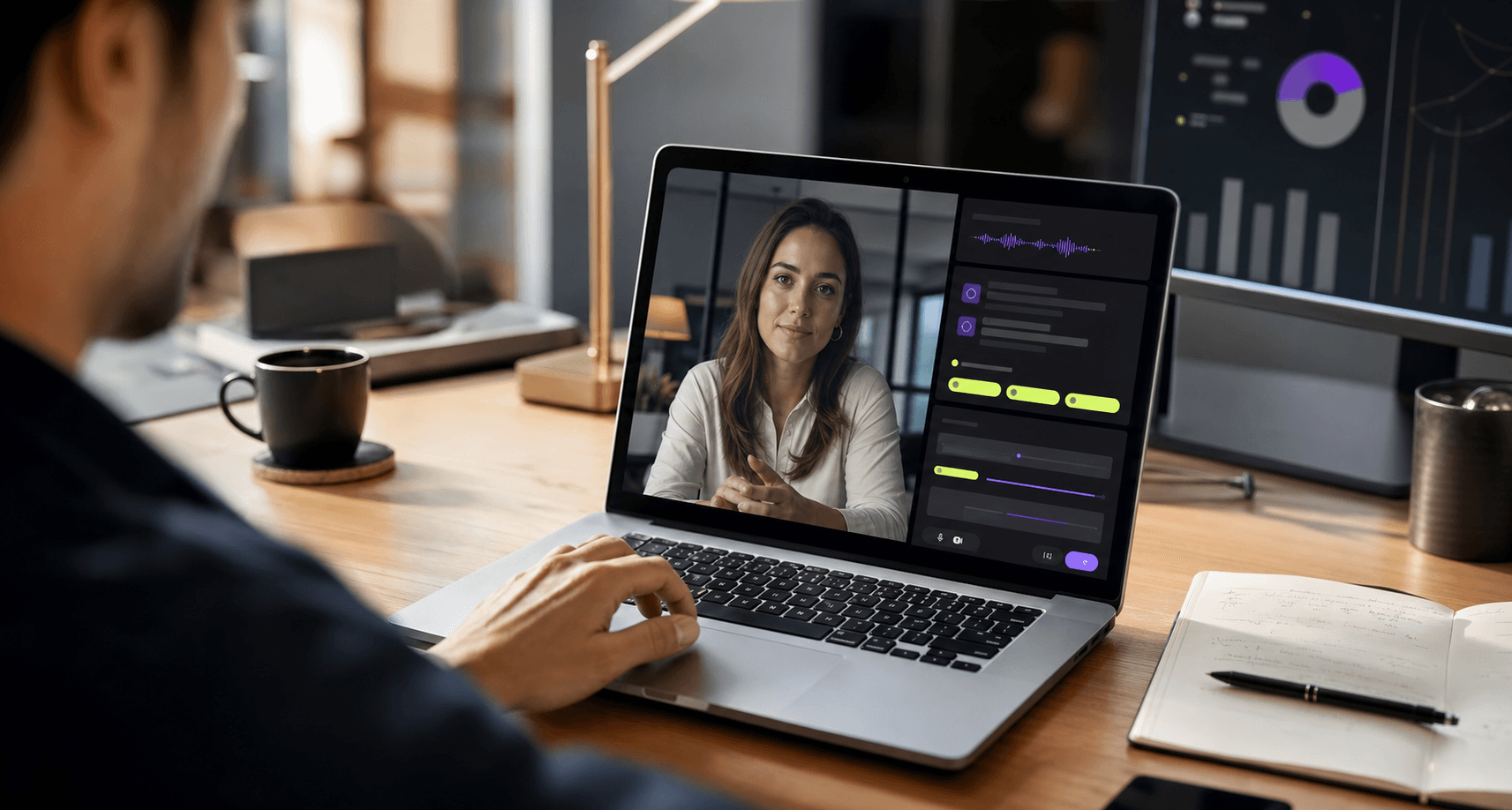 A sales rep on a video call with private AI suggestions on their laptop